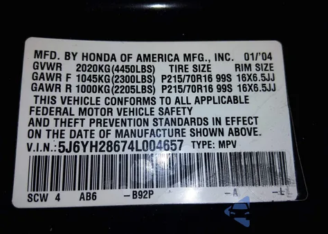 2004 Honda Element Ex from USA, damaged, VIN 5J6YH28674L004657